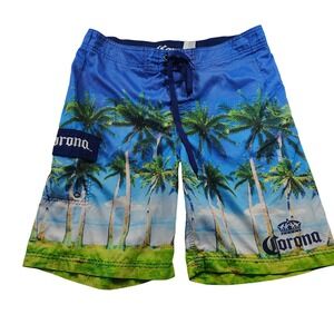 Corona Palm Tree Swim Trunks Men's Blue Board Shorts Beach Vacation Size 34